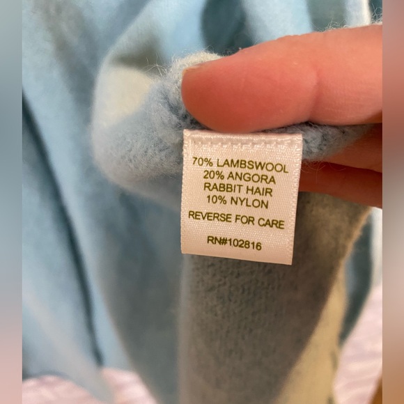 Garnet Hill Lambswool & Angora Open Front Cardigan Sweater Light Aqua Blue Sz M - Picture 6 of 8